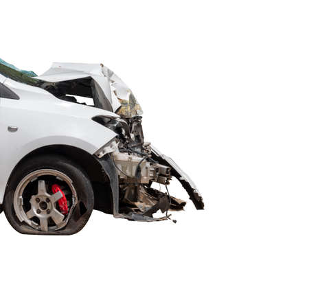 Front of white color car damaged and broken by accident on road parking can not drive anymore. isolate on white background. Cliping pathの写真素材