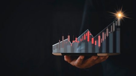 stock market growth up. Businessman holds tablet and displays holographic graph showing statistics...