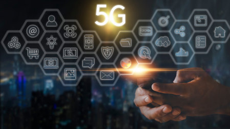 Hand of business man hold mobilephone connect network 5G with icon concept, technology network...