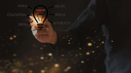 Man hand use pen drawing abstract virtual light bulb hologram with career skills text. Job and idea conceptの写真素材