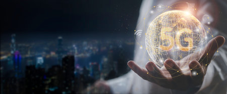 Hand business man show global network connection 5G. Global network connection 5G with icon concept...