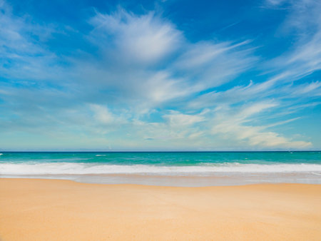 Beautiful tropical beach with blue sky abstract texture background. Copy space of summer vacation and holiday business travel concept. Vintage tone filter effect color style.の写真素材