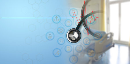 Medical technology telemedicine health insurance virtual hospital concept. Top view stethoscope with health icon medical network connection with icon modern virtual screen interface and hospital roomの写真素材