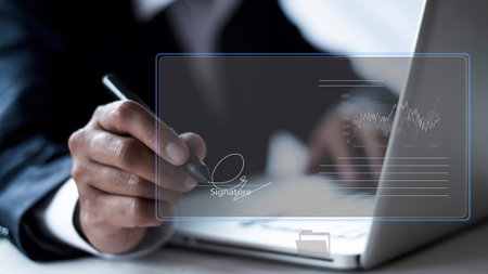 businessman use electronic pen sign signature on electronic  E-signing, data sheet document...