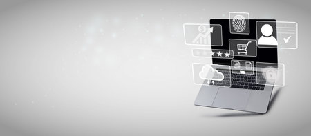Laptop with social media, social network graphic on gray background with copy space banner mockup....