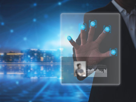 Man hand scan fingerprint for access ID and information report. Technology conpect. Businessman hand...