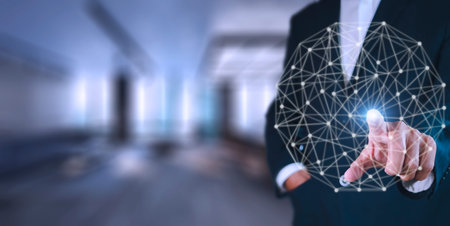 Businessman pressing button on hologram virtual screens with hexagons and transparent. Business...