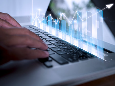 Businessman show stock market bar chart grow up to target. Business finance concept. Businessman's hands Show success graph, stocks grow every year and set goalsの写真素材