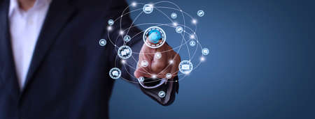 Businessman hand using fingerprint identification to access personal financial data, Fingerprint scan provides security access with biometrics identification. Business technology concept. With copy space bannerの写真素材