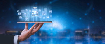 Business network communication concept. 5G Network Internet Mobile Wireless. 5g internet connects...
