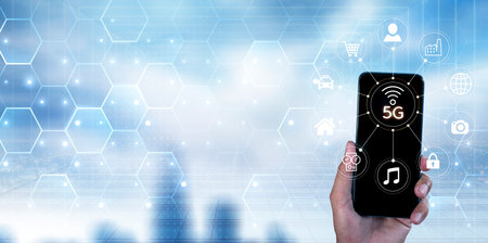 Business network communication concept. 5G Network Internet Mobile Wireless. 5g internet connects all activities in your hands shopping, finance, travel, location, contact, etc with copy space bannerの写真素材