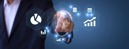 Businessman show stock market bar chart grow up to target. Business finance concept. Businessman's hands Show success graph, stocks grow every year  With copy space bannerの写真素材