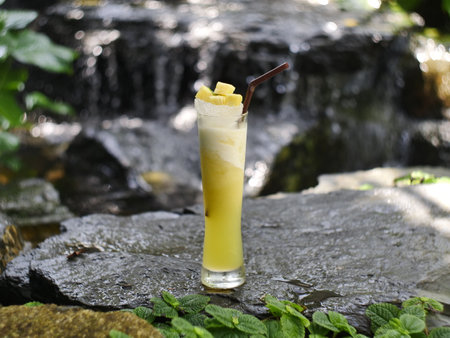 fruit juice, fruit smoothie, fruit juice, fruit juice in glass Placed on a rock near the waterfall.の写真素材
