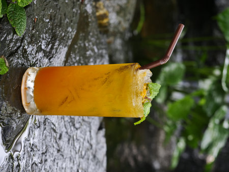 fruit juice, fruit smoothie, fruit juice, fruit juice in glass Placed on a rock near the waterfall.の写真素材