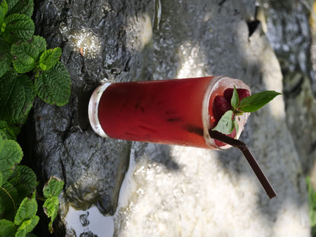 fruit juice, fruit smoothie, fruit juice, fruit juice in glass Placed on a rock near the waterfall.の写真素材
