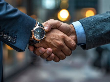 Two businessmen in suits shaking hands close-up, showcasing professionalism, partnership,の素材