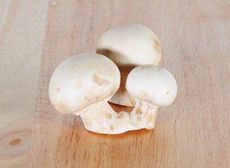 Three field mushrooms on wood surfaceの写真素材