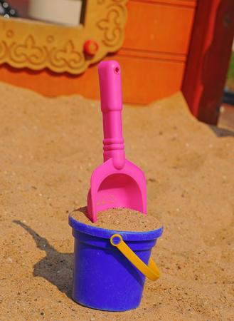 In sand box, children toysの写真素材
