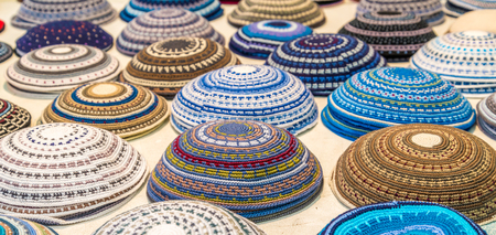 big variety of kippah at juwish marketの写真素材