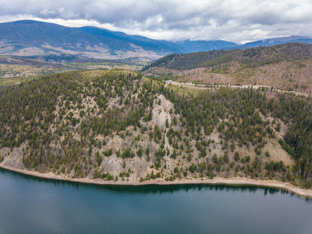 Aerial view of the lake in the Rocky Mountains