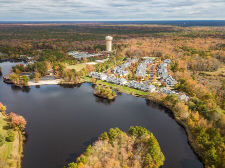 Aerial photo of autumn rural landscapeの写真素材
