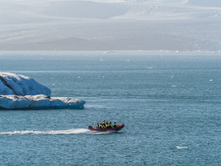 Boat tour in JÃ¶kulsÃ¡rlÃ³n Ice Lagoon in Icelandの写真素材