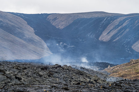 Lava fields under Fagradalsfjall volcano in Icelandの写真素材
