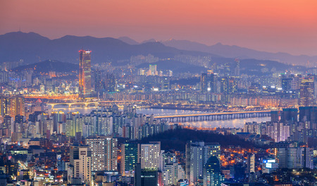 The sun set and the skyscrapers of Seoul, South Korea.のeditorial素材