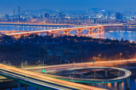 Traffic of Seoul City and The Bridge and Han River, South Korea.