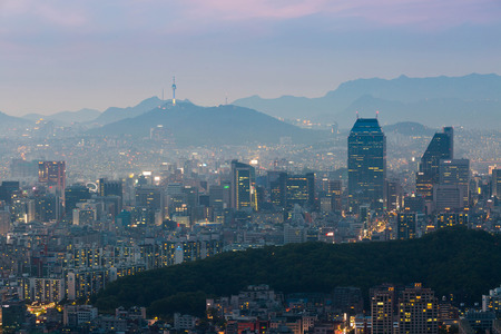 Korea city Skyline and N Seoul Tower in Seoul in Misty day, South Koreaの写真素材