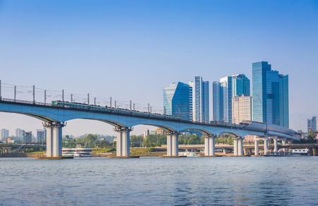 Subway and Bridge at Hanriver in Seoul, South koreaの写真素材