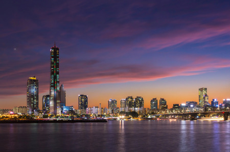 Seoul City at Night and Han River, Yeouido, South Korea.の写真素材