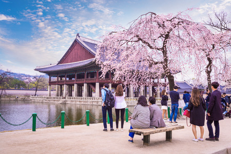 SEOUL - APRIL 12, 2015: Tourist at Gyeongbokgung Palace in Spring, April 12, 2015 in Seoul, South Korea.のeditorial素材