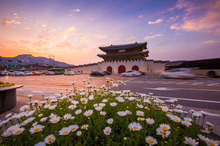 Gyeongbokgung Palace, Cars passing in front of Gwanghuamun gate after sunset in downtown Seoul, South Korea. Name of the gate 'gated light'の写真素材