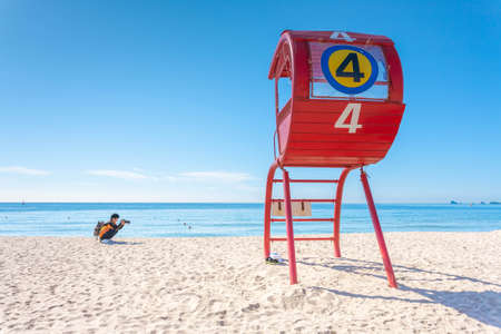 Busan, South Korea - September 06, 2014: Tourist taking pictures in Haeundae beach and sea  sun daylight in summer at Busan in Korea.のeditorial素材