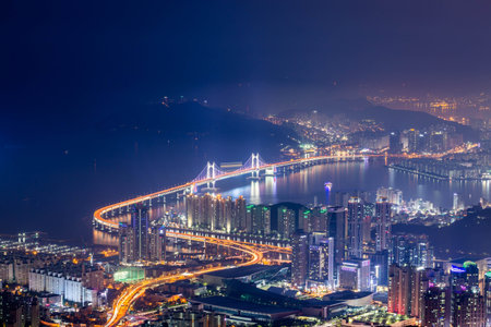 Busan city and skyscrapers in Haeundae district, Gwangan Bridge, skyscrapers and Busan sea, Busan South Korea.の写真素材