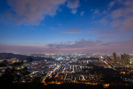 Seoul City skyline and downtown and skyscraper at Night There is Namsan Mountain and the Han River in the background, Seoul, South Korea.の写真素材