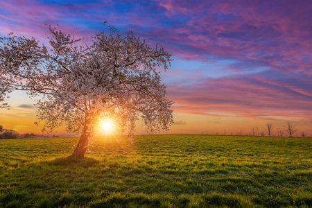 A single cherry tree with the sunset and cherry blossom in blooming in Seosan, Seosan, South Korea.の写真素材