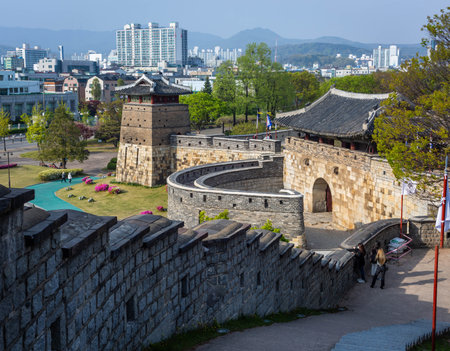 Summer at Suwon Old city wall at Hwaseong Fortress, Traditional Architecture of Korea at Suwon, South Korea.の写真素材