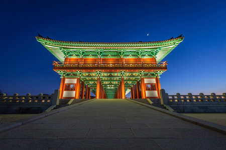Woljeong Bridge, a bridge over the river, Beautiful traditional architecture at night is Tourist attractions in Gyeongju, South Korea.の写真素材