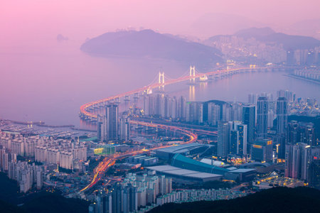 Busan city and skyscrapers in Haeundae district and Gwangan Bridge, Busan South Korea.の写真素材