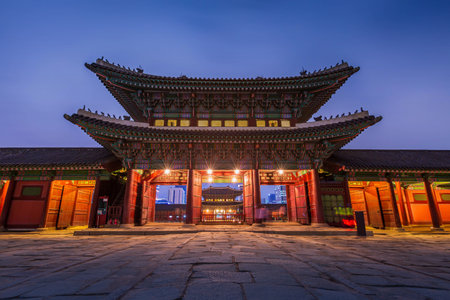 Gyeongbokgung Palace at Night and beautiful lights, Seoul, South Korea.の写真素材