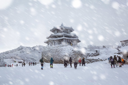 Winter On a snowy day atop Deogyusan Mountain at Deogyusan National Park near Muju, South Korea.の写真素材