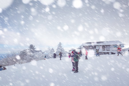 Korean Winter On a snowy day atop Deogyusan Mountain at Deogyusan National Park near Muju, South Korea.の写真素材