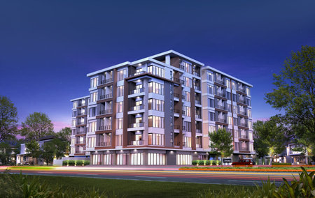 3D render of building tropical modern in night 