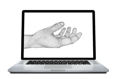 Abstract 3d render Laptop with hand wireframe isolated on white の写真素材