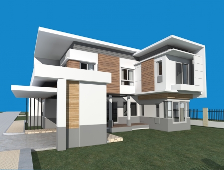 3D render of modern building with blue background 3D render of modern building with blue background