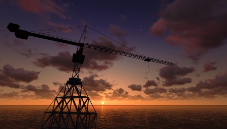 Sea Oil Platform in the Sunset 3D render の写真素材