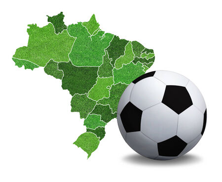 Map and Soccer ball of Brazil on white background の写真素材