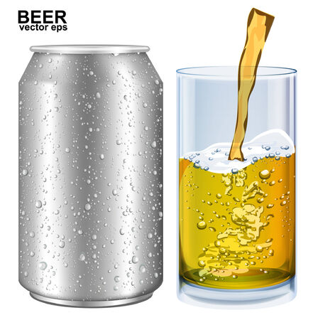 Aluminum cans, glass of beer with drops. Vector illustrationのイラスト素材